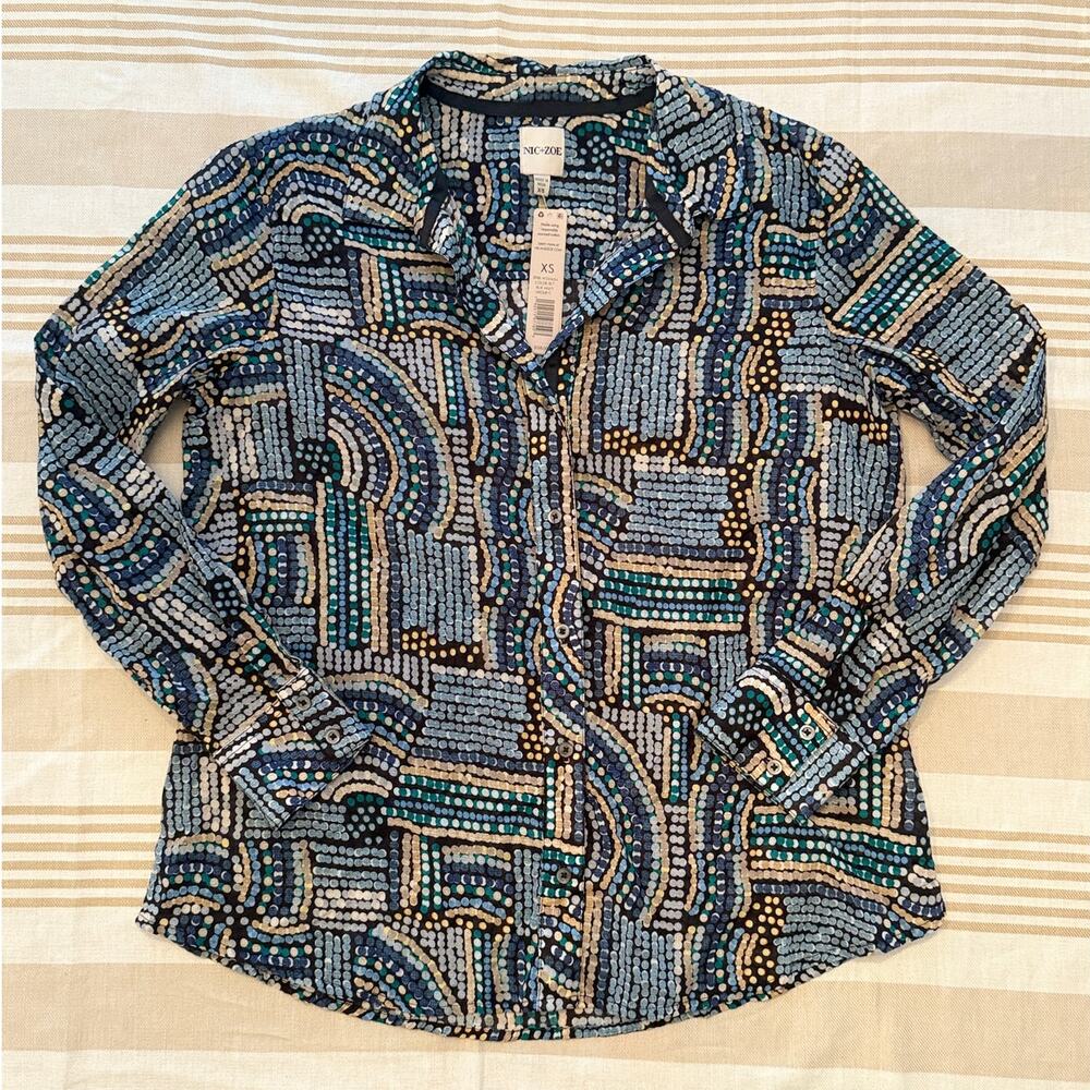 Nic + Zoe NWT ($158) | Blue multi colored MOSAIC MIX CRINKLE SHIRT | size XS